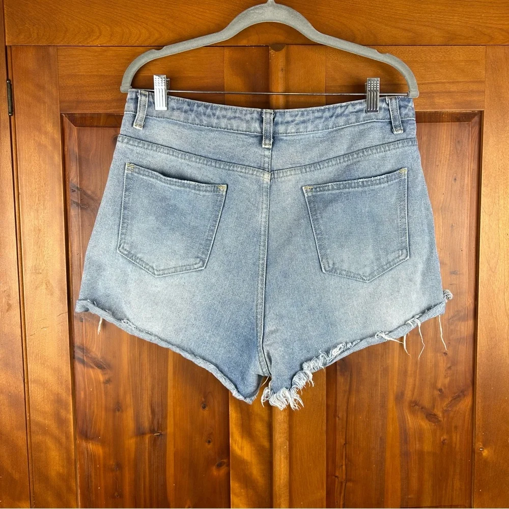 PRETTY LITTLE THING Distressed Denim Blue High Waist Shorts Festival Hippie